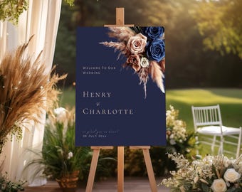 Navy Blue Rose Gold Floral Wedding Welcome Sign Poster, Editable Sign Template, Instant Download, Canva Editable Template #F7RSBG