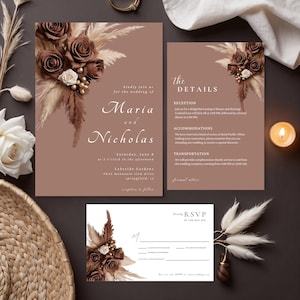 チョコレート ブラウンの花柄結婚式招待状、Canva テンプレート、即時ダウンロード、RSVP と詳細テンプレート、ボヘミアン パンパス グラス #L1RSCB