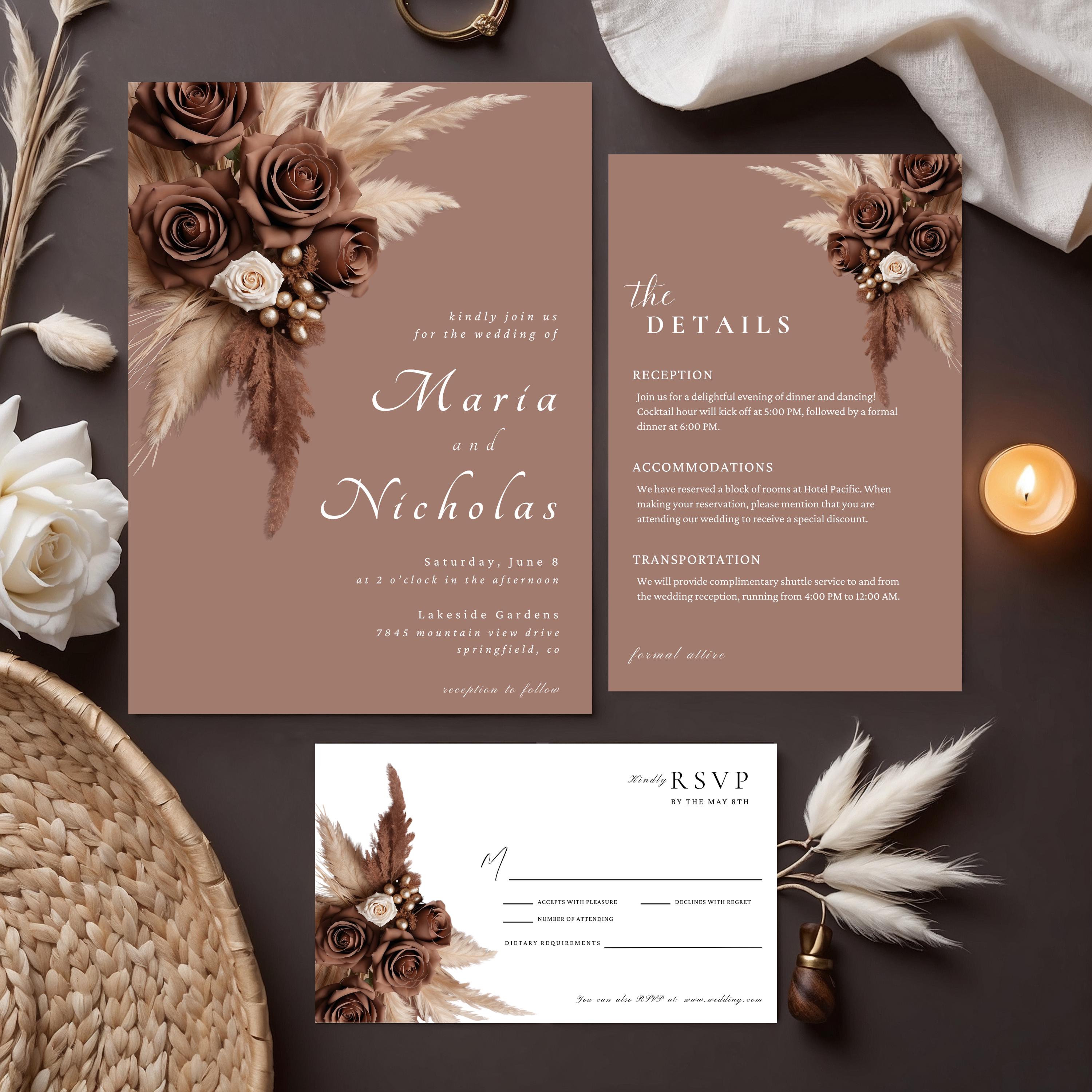 Chocolate Brown Floral Wedding Invitation, Canva Template, Instant Download, RSVP & Details Template, Boho Pampas Grass #L1RSCB