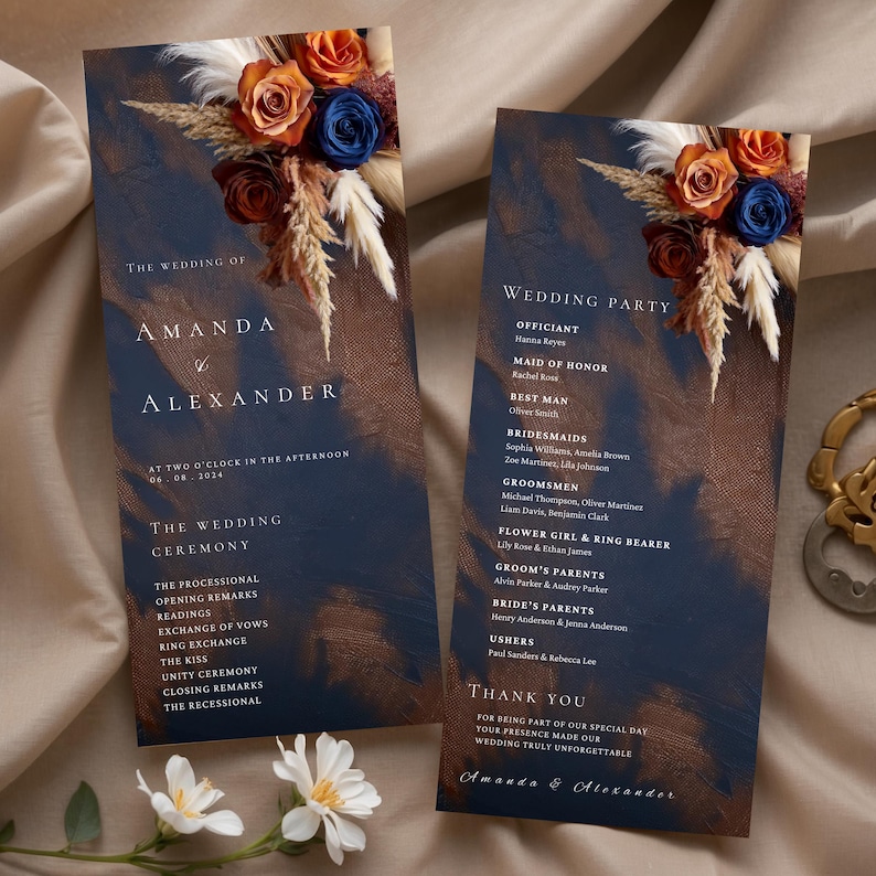 Navy Blue, Burnt Orange, Brown Roses Floral Wedding Programs Template ...