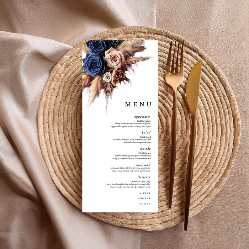 Navy Blue Rose Gold Floral Wedding Menu Template, Canva Editable