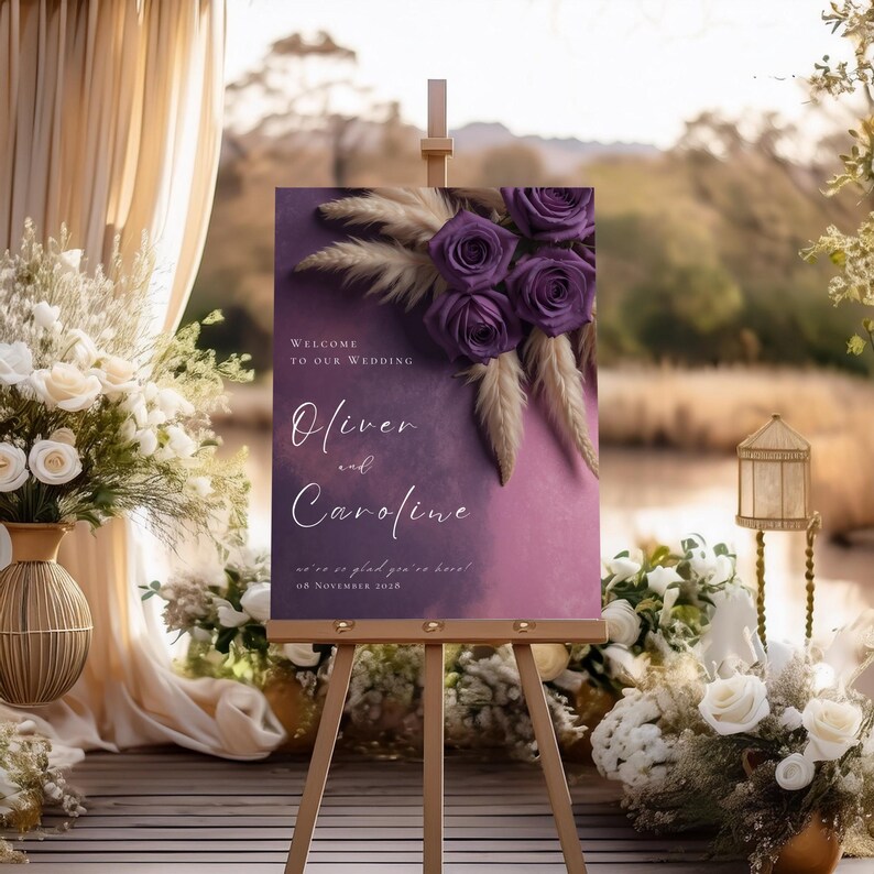 Purple Floral Wedding Welcome Sign Poster, Editable Sign Template ...