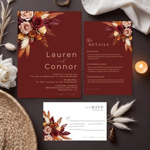 Herbst Blumen Hochzeitseinladung, Canva Bearbeitbare Vorlage, Antwortkarten-Vorlagen, Rusty Red Invite #L2RSFS
