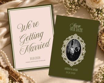 May include: Two rectangular wedding stationery cards. One is pale pink with dark green borders and the text We're Getting Married 10.10.2028. The other is dark olive green featuring a black and white photo in a lace frame with Save Our Date.