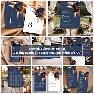 May include: Navy blue and brown wedding reception signs with a floral design. The signs include table numbers, welcome sign, seating chart, RSVP, and thank you signs. The signs are decorated with dried pampas grass and blue and brown flowers.
