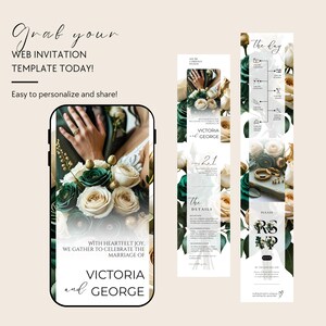 May include: A digital wedding invitation template with a floral design in white, green, and gold. The invitation includes the names "Victoria and George" and the text "Grab your web invitation template today!" and "Easy to personalize and share!"