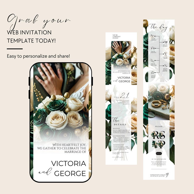 May include: A digital wedding invitation template with a floral design in white, green, and gold. The invitation includes the names "Victoria and George" and the text "Grab your web invitation template today!" and "Easy to personalize and share!"