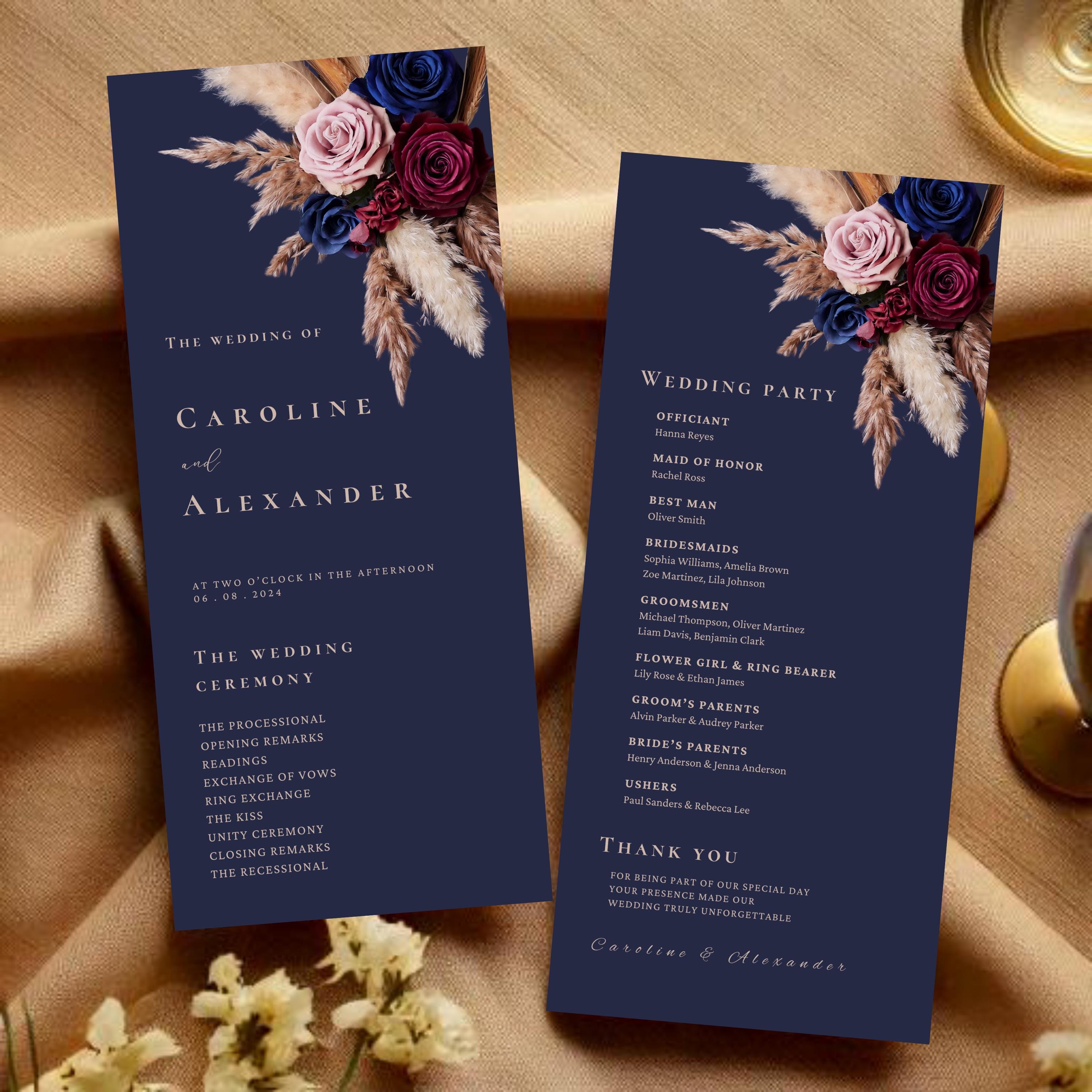 Rose Gold Program Navy Blue, Burgundy, Rose Gold Wedding Programs Template, Ceremony ...