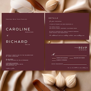 Burgundy Wedding Invitation Bundle Set, Canva Editable Template, Instant Download, RSVP and Details, Modern Wedding Invitation #W8PNBY