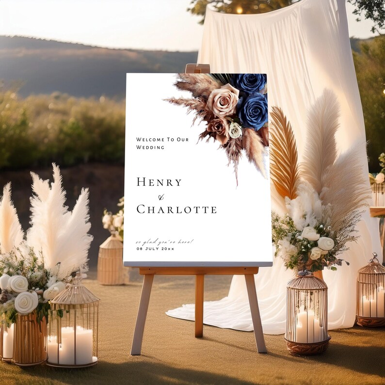 Navy Blue Rose Gold Floral Wedding Sign Poster, Editable Sign