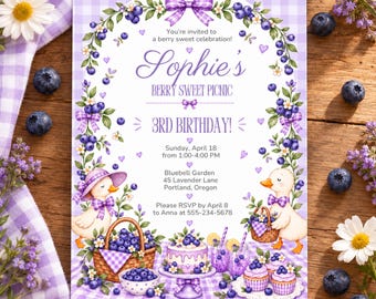 May include: A rectangular invitation card featuring a purple gingham border, a blueberry vine arch, and two ducklings. Text reads: Sophie's Berry Sweet Picnic, 3rd Birthday, Sunday, April 18, 1:00-4:00 PM, Bluebell Garden, 45 Lavender Lane, Portland, Oregon.