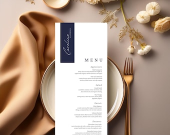 Plantilla de menú de boda en azul marino, etiqueta con nombre minimalista, plantilla de menú con tarjeta de ubicación, plantilla Canva, descarga instantánea, etiqueta azul marino #W8PNNB