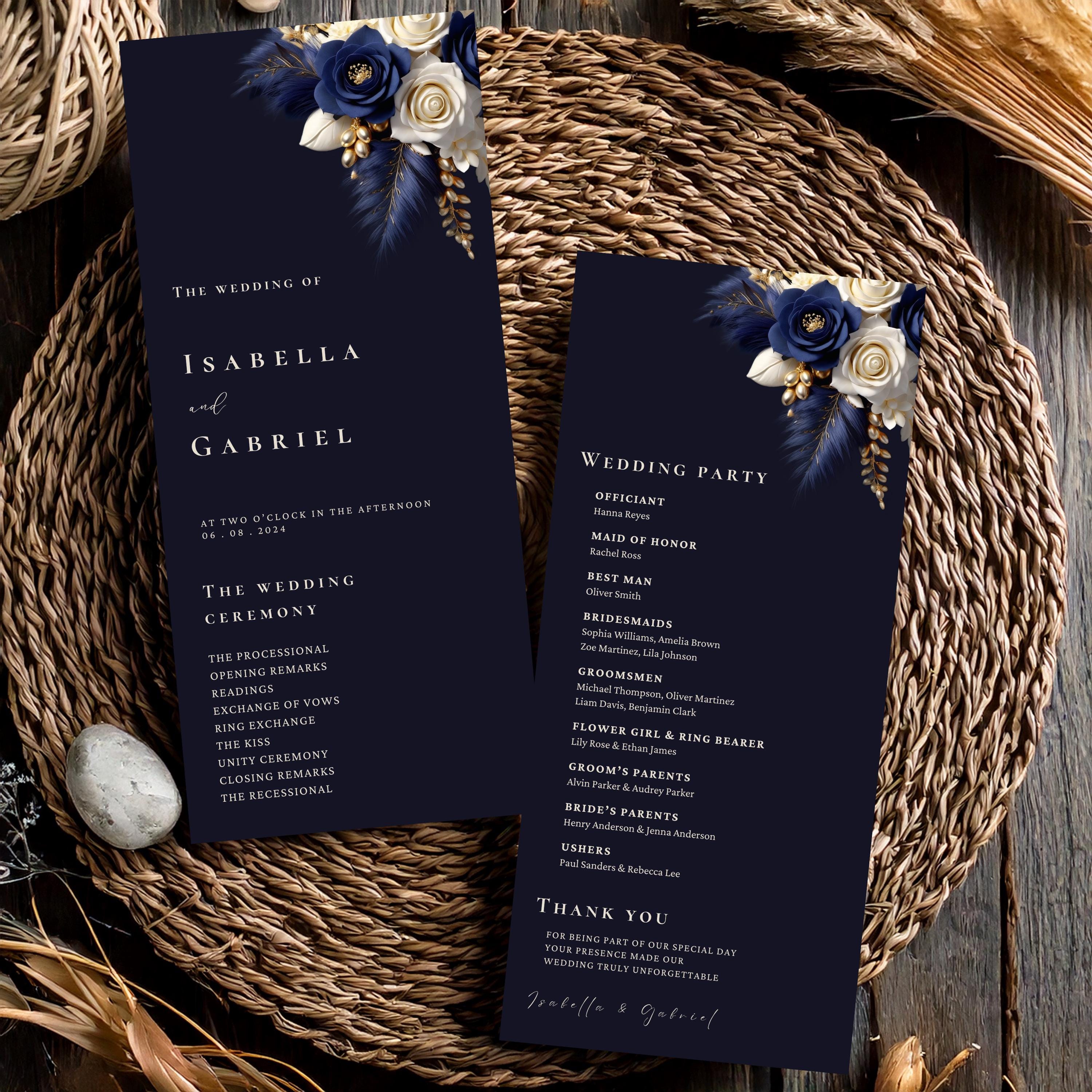 Navy Blue White Gold Wedding Programs Template, Ceremony Program ...