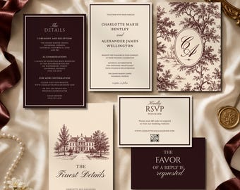 Burgundy Vintage European Wedding Invitation Template, Luxury Estate, Monogram Card, RSVP and Details Cards
