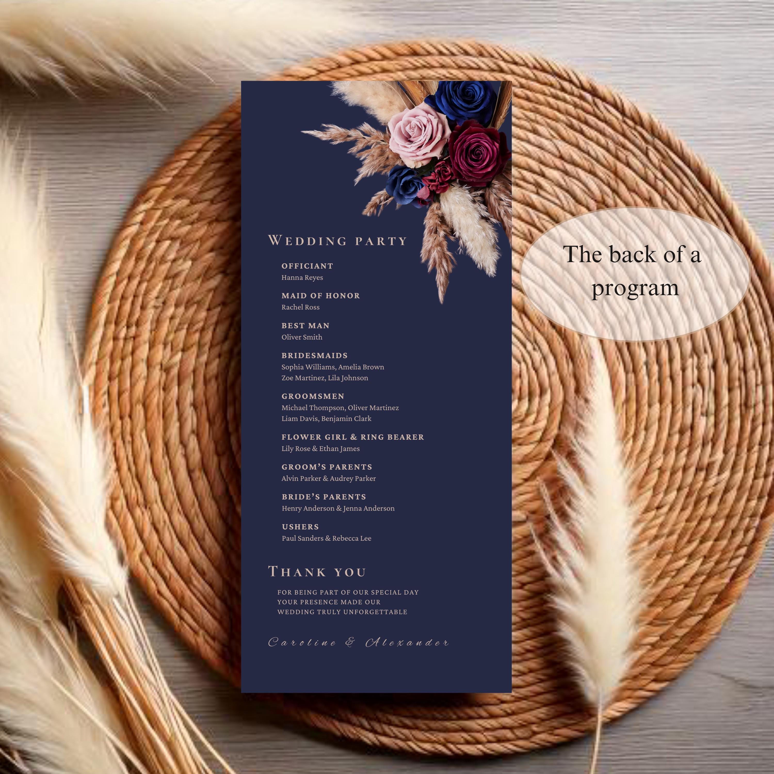 Rose Gold Program Navy Blue, Burgundy, Rose Gold Wedding Programs Template, Ceremony ...