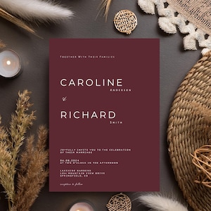 Burgundy Wedding Invitation, Canva Editable Template, Minimalist Invitation, Instant Download, Modern Wedding Invitation #W8PNBY