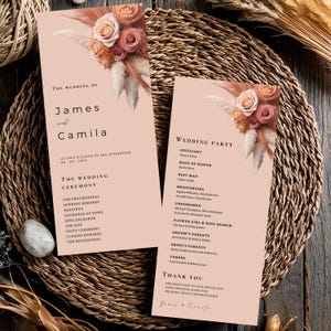 Sjabloon perzik koraal bloemen bruiloft programma's, ceremonieprogramma reisplan, canva bewerkbare sjabloon, voor- en achterkant, boho pampagras #L1RSPL