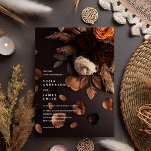 Braun gebrannte orange weiße Rose Hochzeitseinladung, Canva bearbeitbare Vorlage, sofortiger Download, schwarze Einladung, Boho Pampas #F4RSBB
