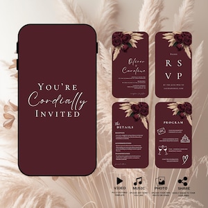 Può includere: Uno schermo di telefono color borgogna con un tema di invito di nozze. Lo schermo mostra uno sfondo color borgogna con testo bianco che dice "You're Cordially Invited". Lo schermo mostra anche quattro schermi più piccoli con i dettagli del matrimonio, inclusi i nomi della coppia, la data del matrimonio, il programma del matrimonio e le informazioni RSVP. Gli schermi più piccoli presentano un design floreale con rose color borgogna ed erba della pampa beige.