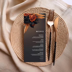 Plantilla de menú de boda con diseño floral en naranja quemado y negro, editable en Canva, descarga instantánea, hierba de pampa bohemia, plantilla de menú imprimible #L1RSBO