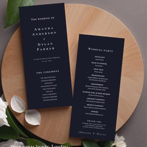 Deep Navy Blue Wedding Programs Template, Ceremony Program Itinerary, Modern Program Template, Canva Template, Front and Back #W8PNDN