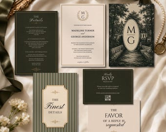 Old Money Elegant Green & Ivory Wedding Suite Invitation Template, Monogram, RSVP and Details Cards