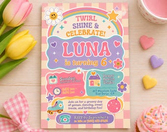 May include: A rectangular birthday invitation card with a pink and cream checkered background. The text reads: Twirl Shine & Celebrate! Luna is turning 6. It includes details for Sunday, September 14, 2026, at Happy Hearts Studio, 317 Meadow Lane, San Diego, CA.