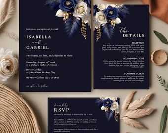 May include: Navy blue wedding invitation suite with floral accents. The set includes an invitation, details card, and RSVP card. The floral arrangement features navy blue roses, white roses, and gold accents. The text is in white.