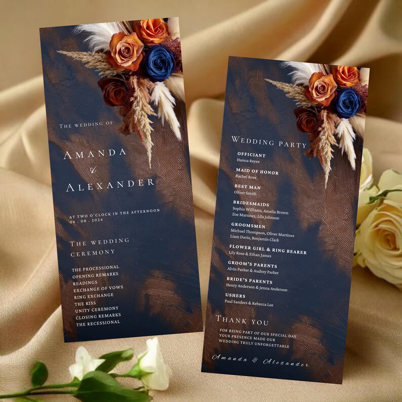Navy Blue, Burnt Orange, Brown Roses Floral Wedding Programs Template ...
