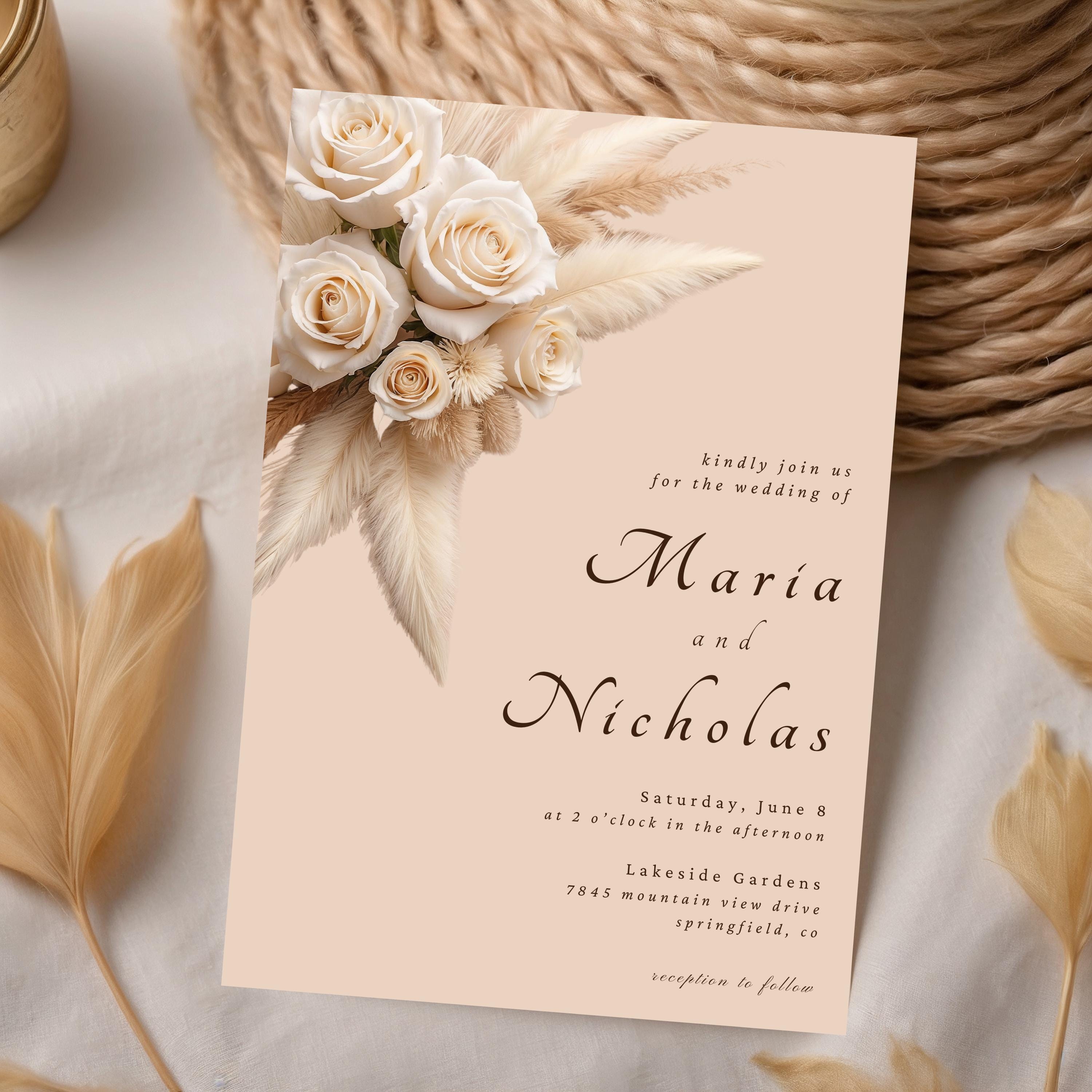 Ivory White Cream Floral Wedding Invitation, Canva Editable Template ...