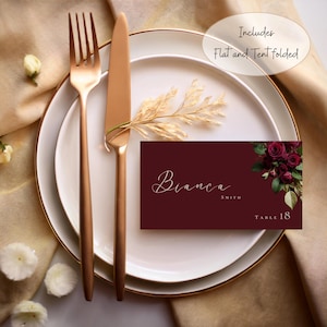 Modelo de cartões de lugar florais bordô para casamento, modelo Canva, cartão de nome de mesa, nome de lugar plano e dobrável #R2RSBY