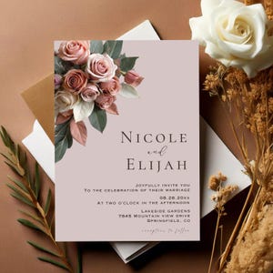 Dusty Rose Pink Floral Wedding Invitation, Canva Editable Template, Instant Download Invitation, Printable Invite, Custom Editable #L2RSDR
