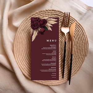 Plantilla de menú de boda con flores color burdeos, editable en Canva, descarga instantánea, hierba de pampa bohemia, plantilla de menú imprimible #L1RSBY