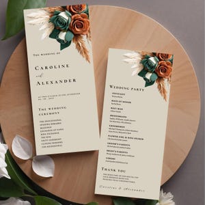 Modelo de programas de casamento floral marrom cobre verde sálvia, itinerário do programa da cerimônia, modelo Canva, frente e verso #L1RSSC