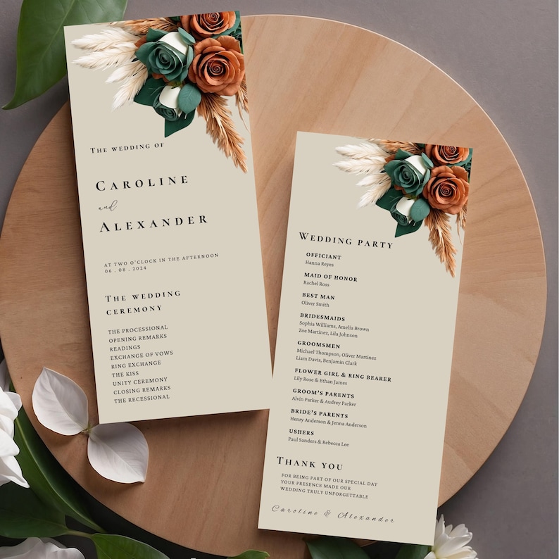 Sage Green Copper Brown Floral Wedding Programs Template, Ceremony ...
