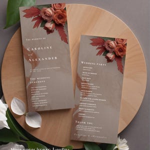Modèle de programmes de mariage corail pêche, programme de la cérémonie, itinéraire rose orange rose, modèle modifiable sur toile, recto et verso #L1RSPC