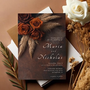 Rust Brown Orange Floral Wedding Invitation, Canva Editable Template, Instant Download, Brown Invitation, Roses Boho Pampas Grass #L1RSRO