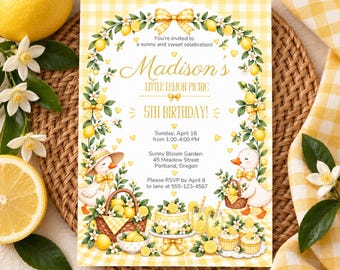 May include: A rectangular birthday invitation card featuring a yellow gingham border, lemon and white flower garlands, and two ducklings. The text reads: Madison's LITTLE LEMON PICNIC 5TH BIRTHDAY! Sunday, April 18, 1:00-4:00 PM, Sunny Bloom Garden.
