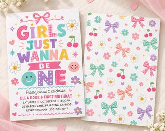 May include: A first birthday invitation card featuring the text GIRLS JUST WANNA BE ONE in colorful, patterned letters, alongside a matching card with a repeating pattern of bows, cherries, and smiley face flowers on a white background.
