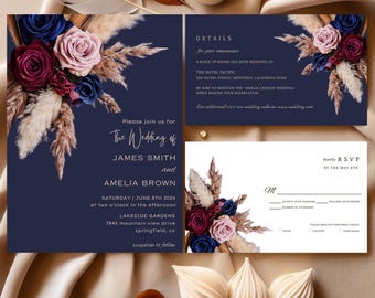 Op de afbeelding: Marineblauwe trouwkaartenset met bloemaccenten. De uitnodiging bevat de tekst voor de bruiloft van James Smith en Amelia Brown, met details over de ceremonie en receptie. Inclusief RSVP- en detailkaarten.