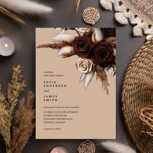 Convite de casamento floral marrom com rosas, modelo editável do Canva, modelo de convite floral marrom, download instantâneo, Boho Pampas #F4RSBR