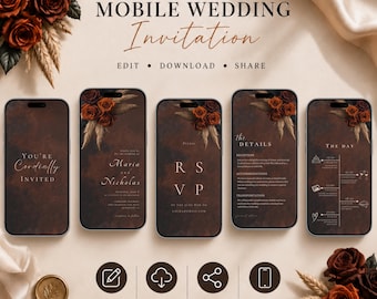 May include: A mobile wedding invitation design displayed on five smartphones. The design features a dark brown background with floral accents and text. The invitation includes sections for details, RSVP, and the wedding day schedule. The text includes "Mobile Wedding Invitation".