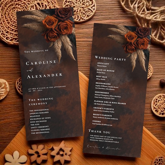 Rust Brown Orange Floral Wedding Programs Template, Ceremony Program Itinerary, Canva Editable Template, Front & Back, Pampas Grass #L1RSRO