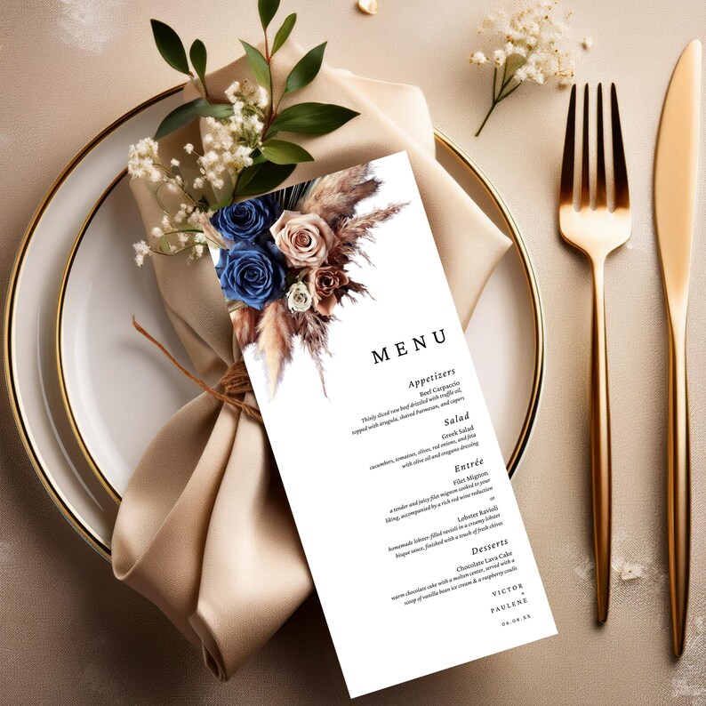 Navy Blue Rose Gold Floral Wedding Menu Template, Canva Editable