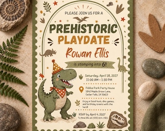 May include: A rectangular invitation card with a scalloped green border on a cream background. It features a green dinosaur wearing a party hat and bandana, with text reading: Please join us for a Prehistoric Playdate, Rowan Ellis is stomping into 6!