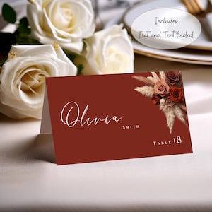 Cartões de lugar florais laranja ferrugem, modelo de casamento, modelo editável Canva, cartão de nome de mesa, plano e dobrável, grama de pampas boho #L1RSRT