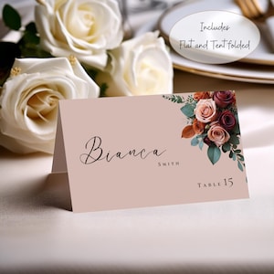 Plantilla para tarjetas de lugar de boda con diseño floral en tonos terracota burdeos y rosa empolvado, plantilla de Canva, tarjeta para nombre de mesa, plana y plegable, nombres de lugares #L2RSTB