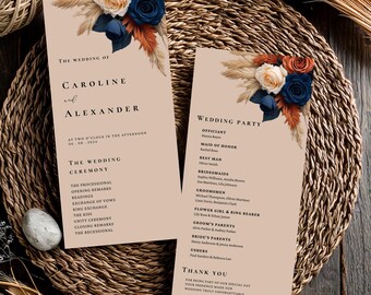 Marineblau Gebrannte Orange Hochzeitsprogramme Vorlage, Zeremonie Programm, Elegante Rose Blumen Reiseplan, Canva Vorlage, Vorder und Rückseite #L1RSBB
