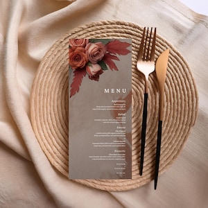 Modèle de Menu de mariage floral corail pêche, modifiable sur toile, téléchargement immédiat, feuilles séchées Rose, modèle de menu imprimable #L1RSPC