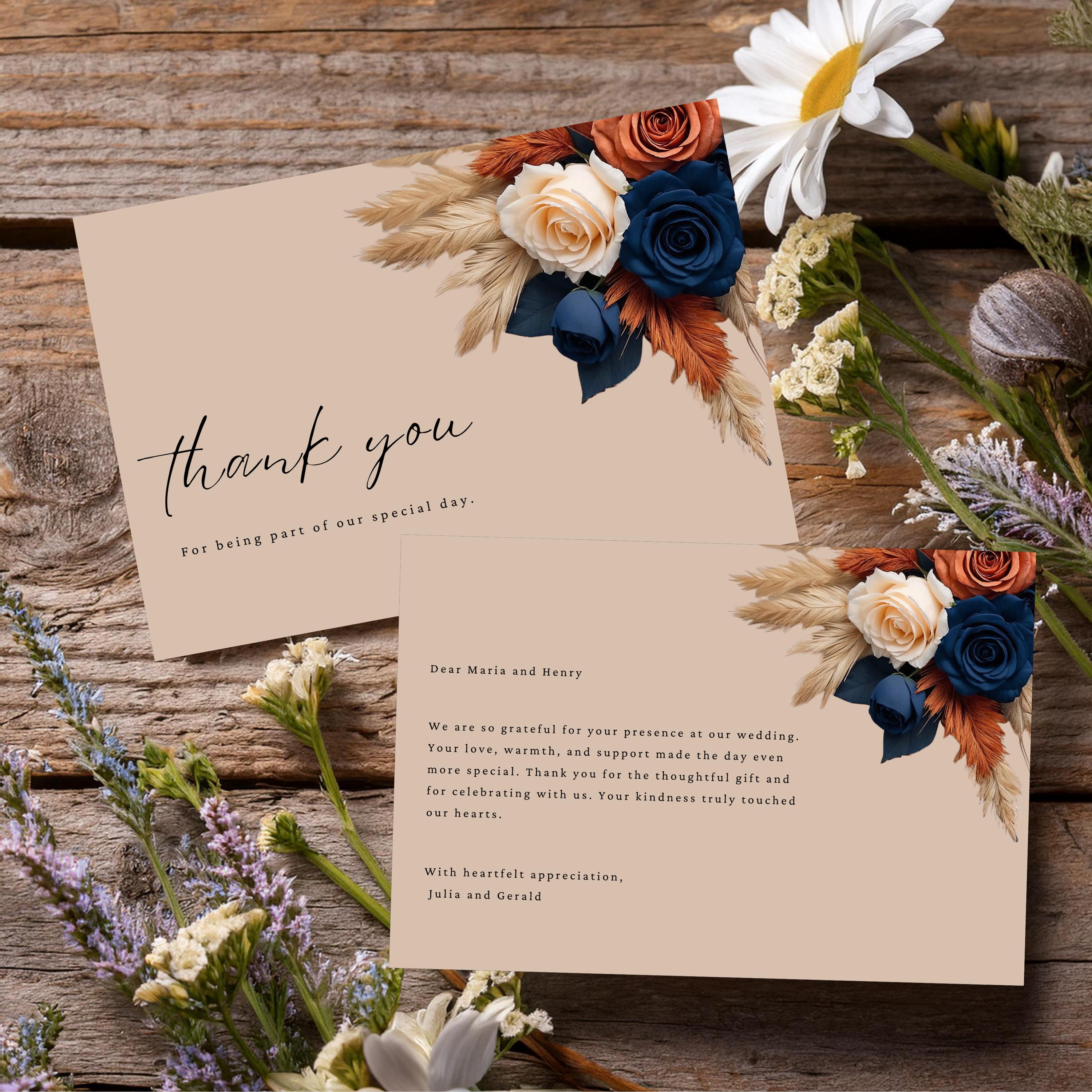 Navy Blue Burnt Orange Floral Thank You Card Wedding Template ...